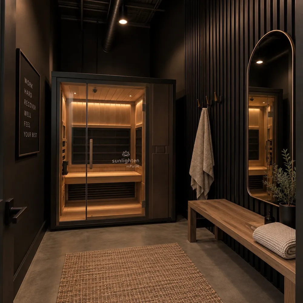 Well House infrared sauna room with bench and towels